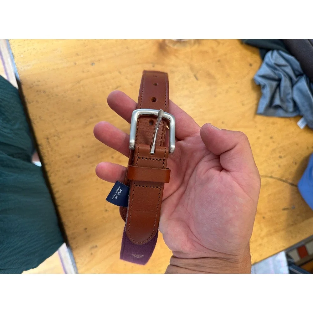Vineyard Vines Canvas Leather Belt Size 36 Maroon Needlepoint Style Preppy Mens